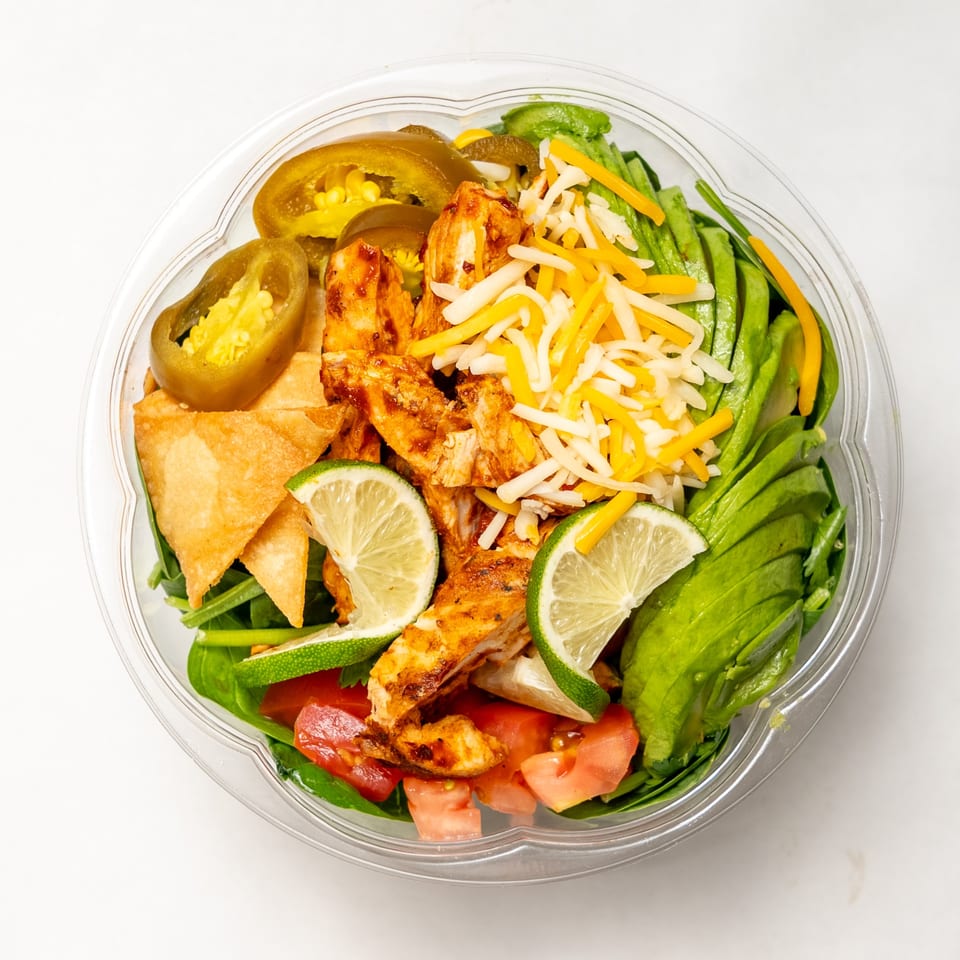 Overhead view of a salad with chicken, avocado, cheese, jalapeños, tomatoes, and lime in a plastic container.