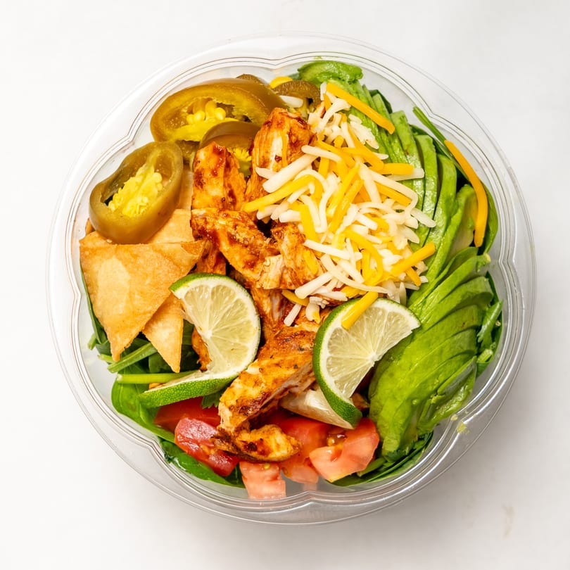 Overhead view of a salad with chicken, avocado, cheese, jalapeños, tomatoes, and lime in a plastic container.