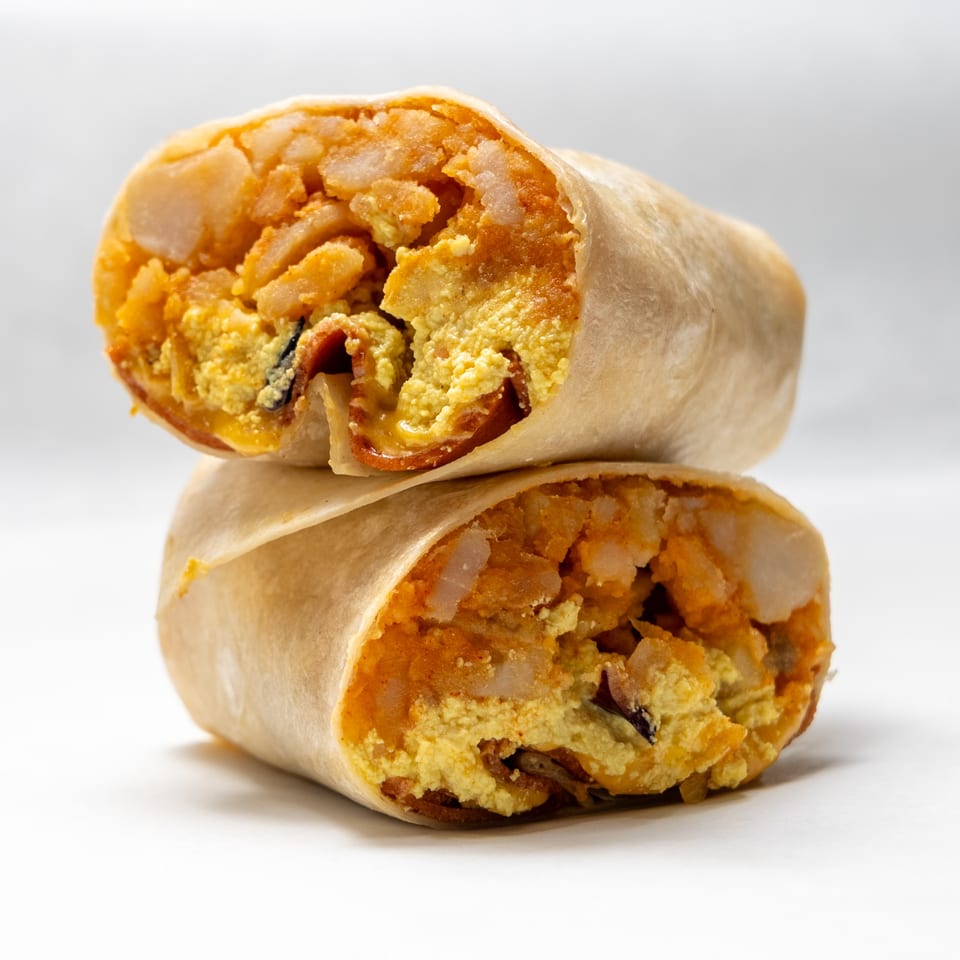 Two breakfast burritos, cut in half, stacked on a white background, revealing eggs, bacon, and potatoes.