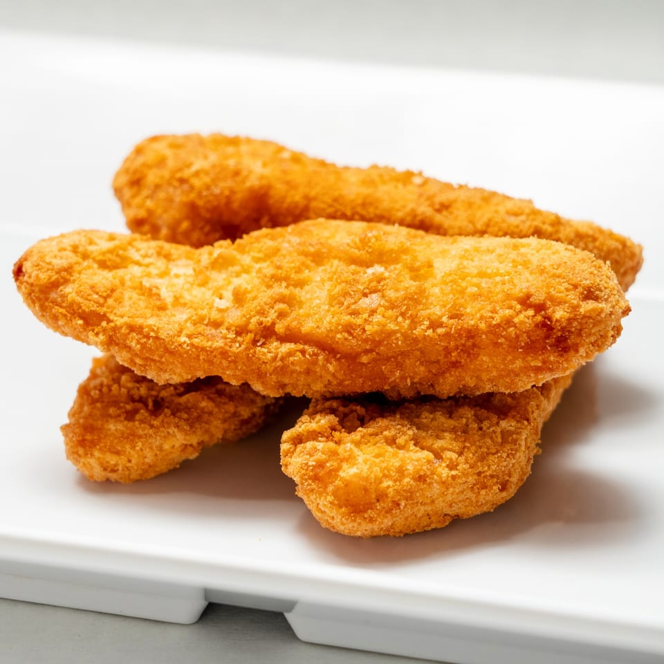Close-up of golden-brown breaded chicken tenders or fish sticks stacked on a white plate.